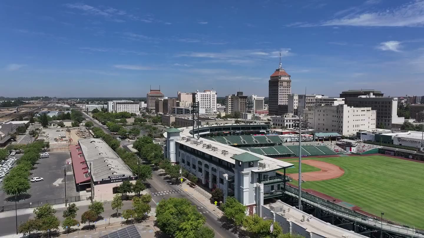 Aerial view of Chukchansi Park and downtown Fresno