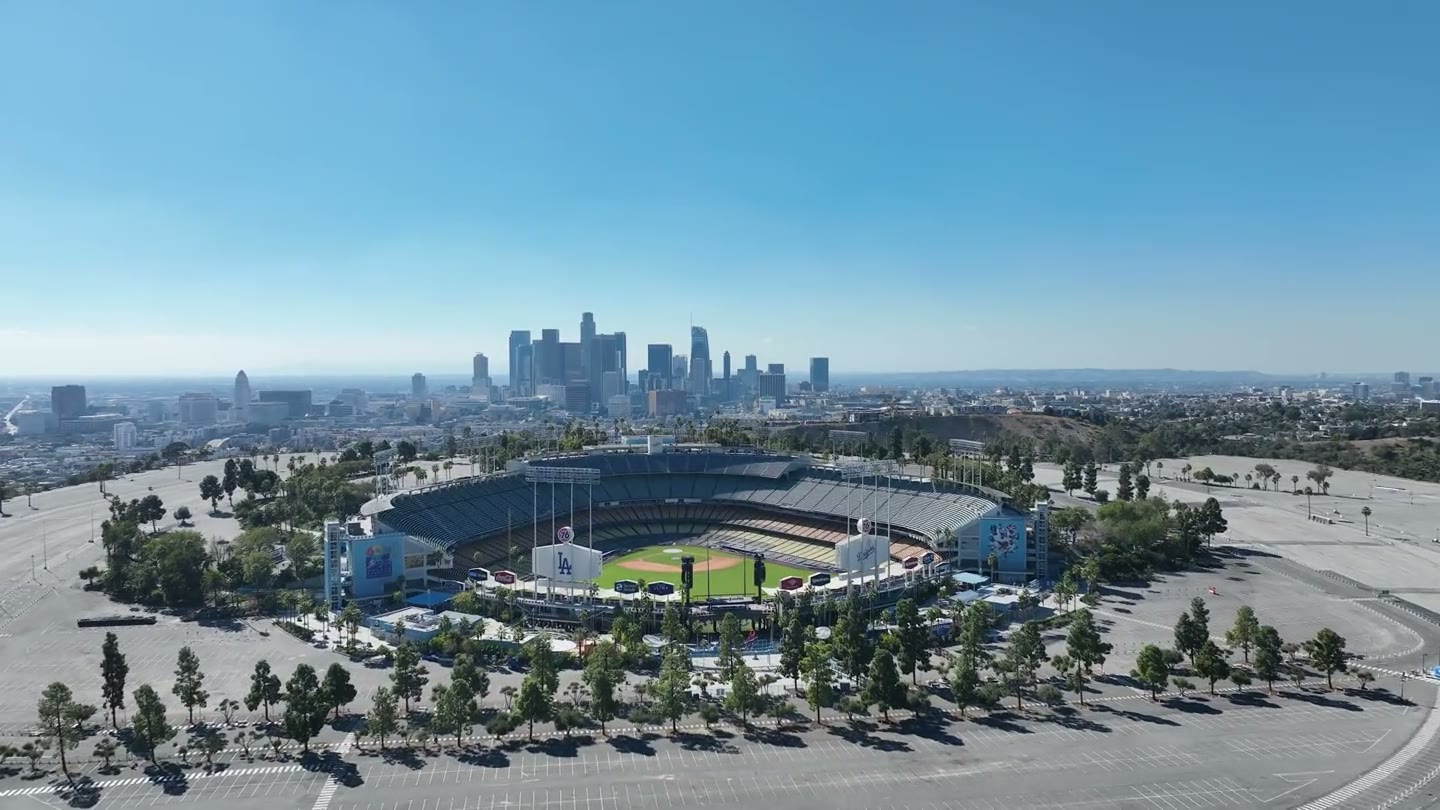 Aerial view of Dodger Stadium and downtown Los Angeles