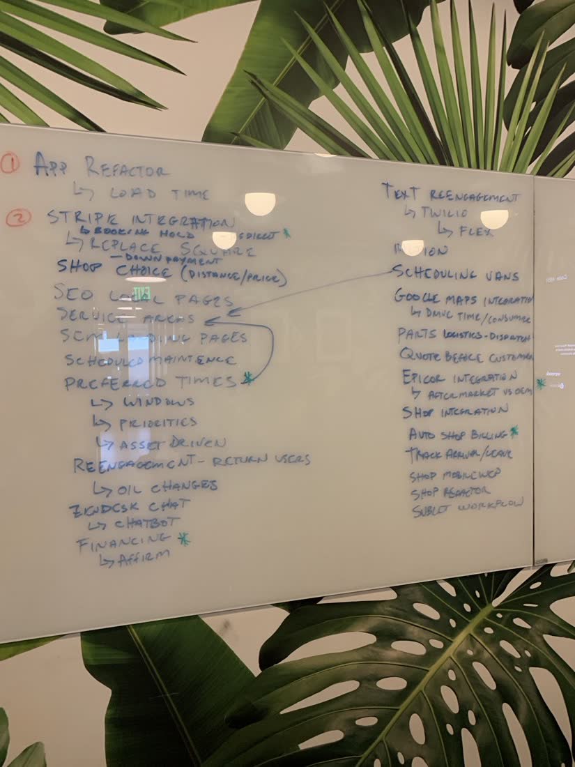 Hand-drawn growth systems on a whiteboard at the Playa Vista WeWork