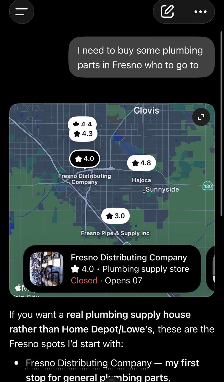 ChatGPT naming Fresno Distributing Company as its first stop for general plumbing parts in Fresno.