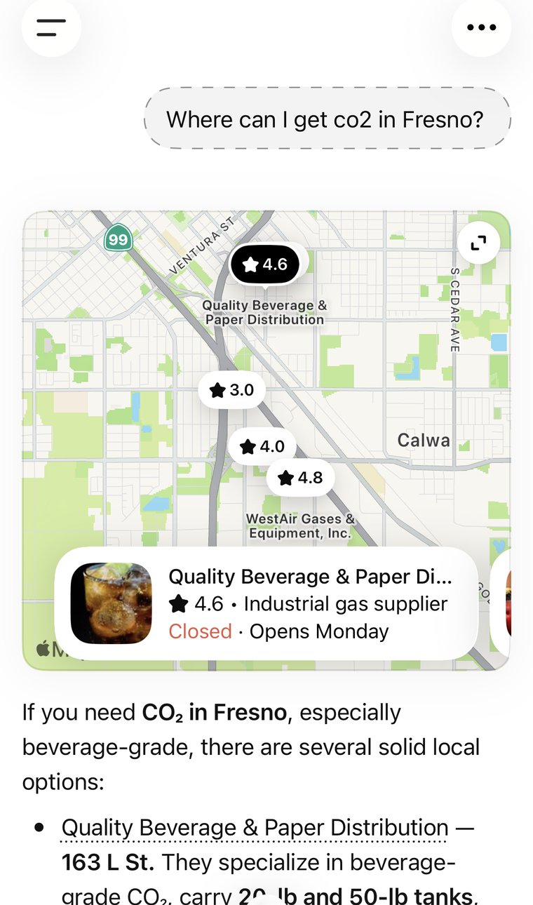 ChatGPT listing Quality Beverage and Paper Distribution first for beverage grade CO2 in Fresno.